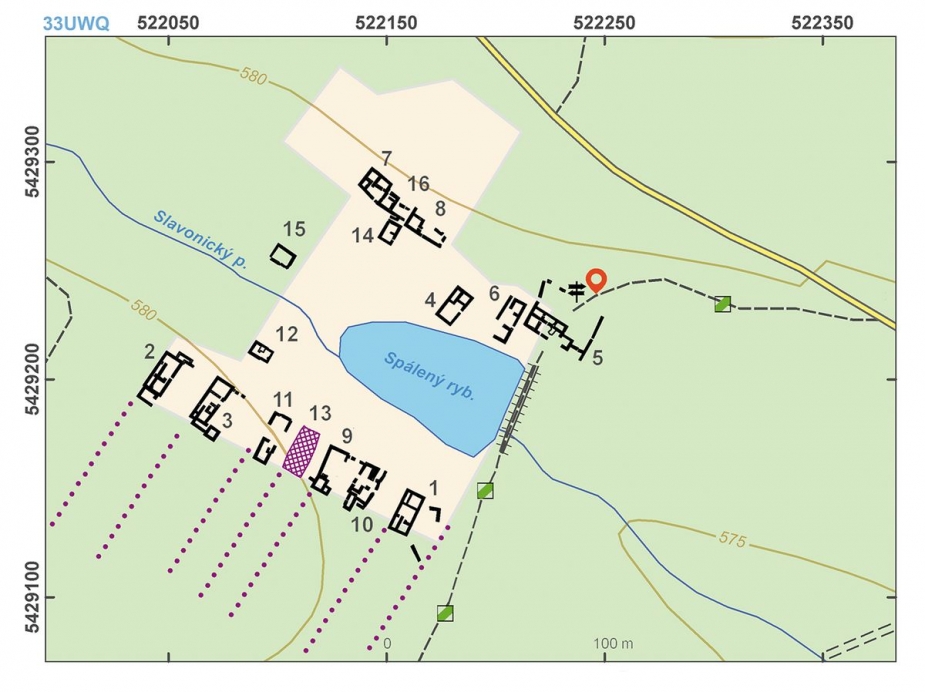 Mapa areálu zaniklé středověké vesnice.