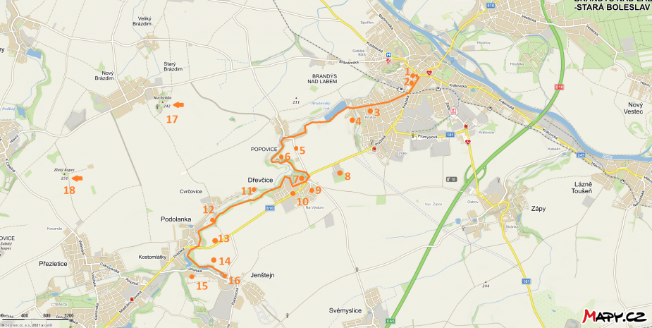 Plánek trasy archeologické procházky údolím Vinořského potoka s vyznačením míst archeologických lokalit.