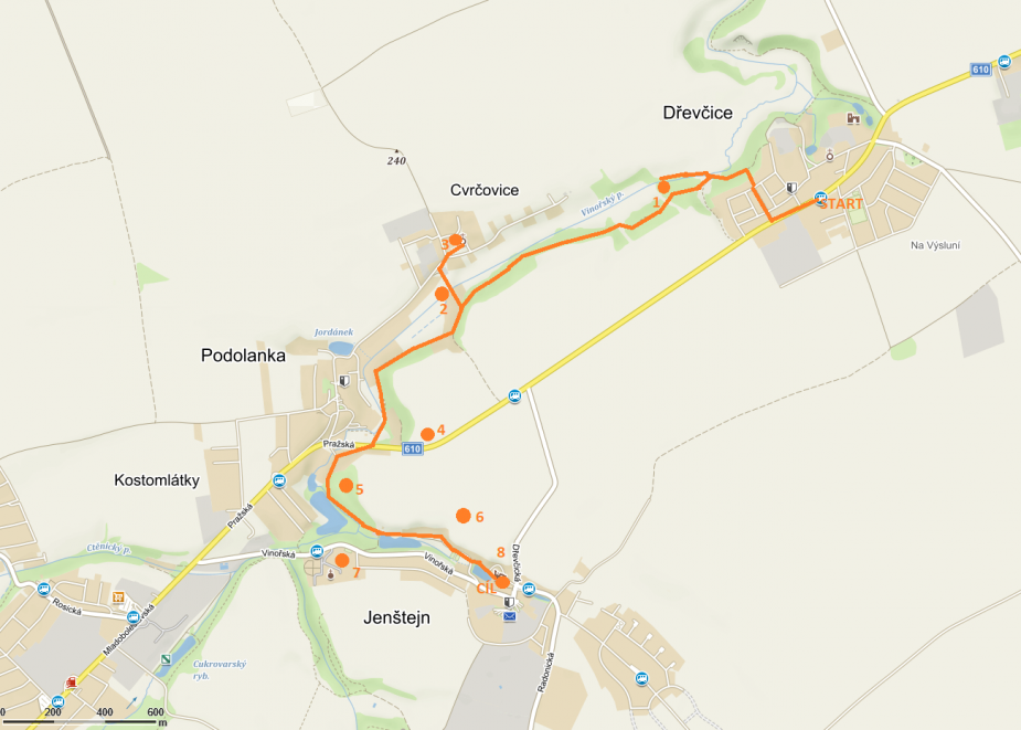Plánek trasy archeologické procházky údolím Vinořského potoka II s vyznačením míst archeologických lokalit.